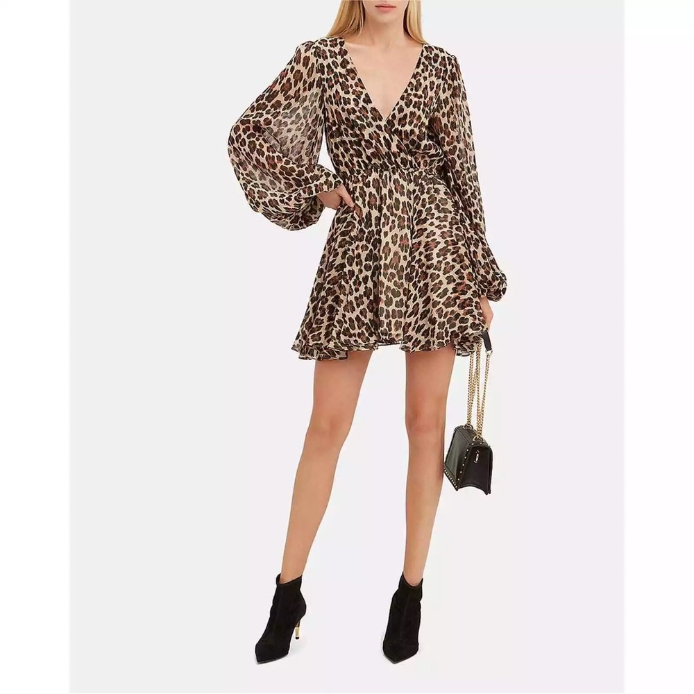 Caroline Constas Brown Black Wrap Dress with Bishop Sleeves